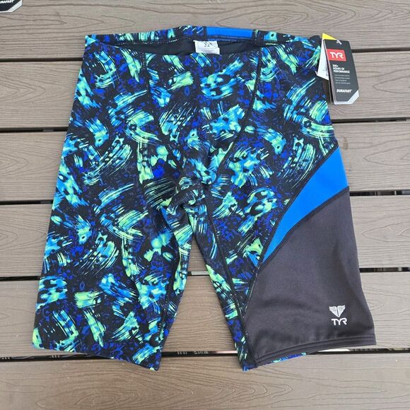 TYR Durafast Elite Emulsion Men’s Jammer Green/blue/black Swimwear  SZ 32 New - Picture 1 of 3